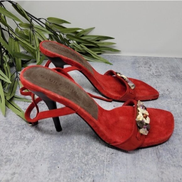 Glory Chen | Red Jeweled Ankle Strap Heel Sandals Size 9 - Picture 3 of 9